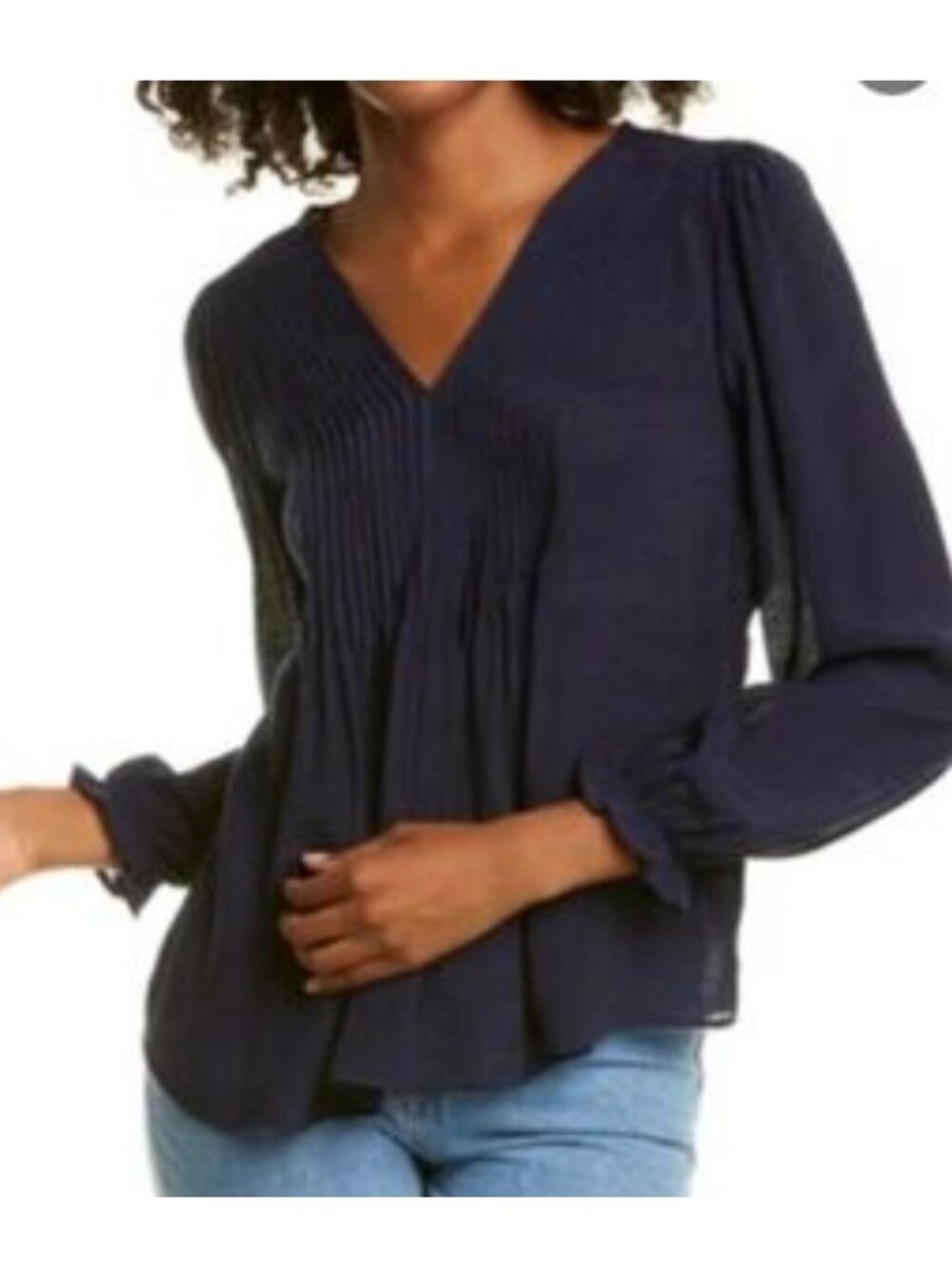 Nanette Lepore Dark Blue Long Sleeve Front Pleated V-neck Top Womens Small